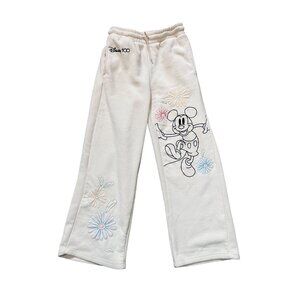 Disney 100 Womens Fleece Lounge Pants Mickey Floral Embroidery Cream Size Small